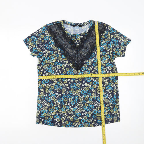 Very Women's Blue Floral Lace Accent Short Sleeve Blouse UK 10