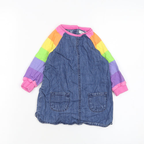 Next Girls Blue Denim Rainbow Raglan Long Sleeve Dress 12-18 Months