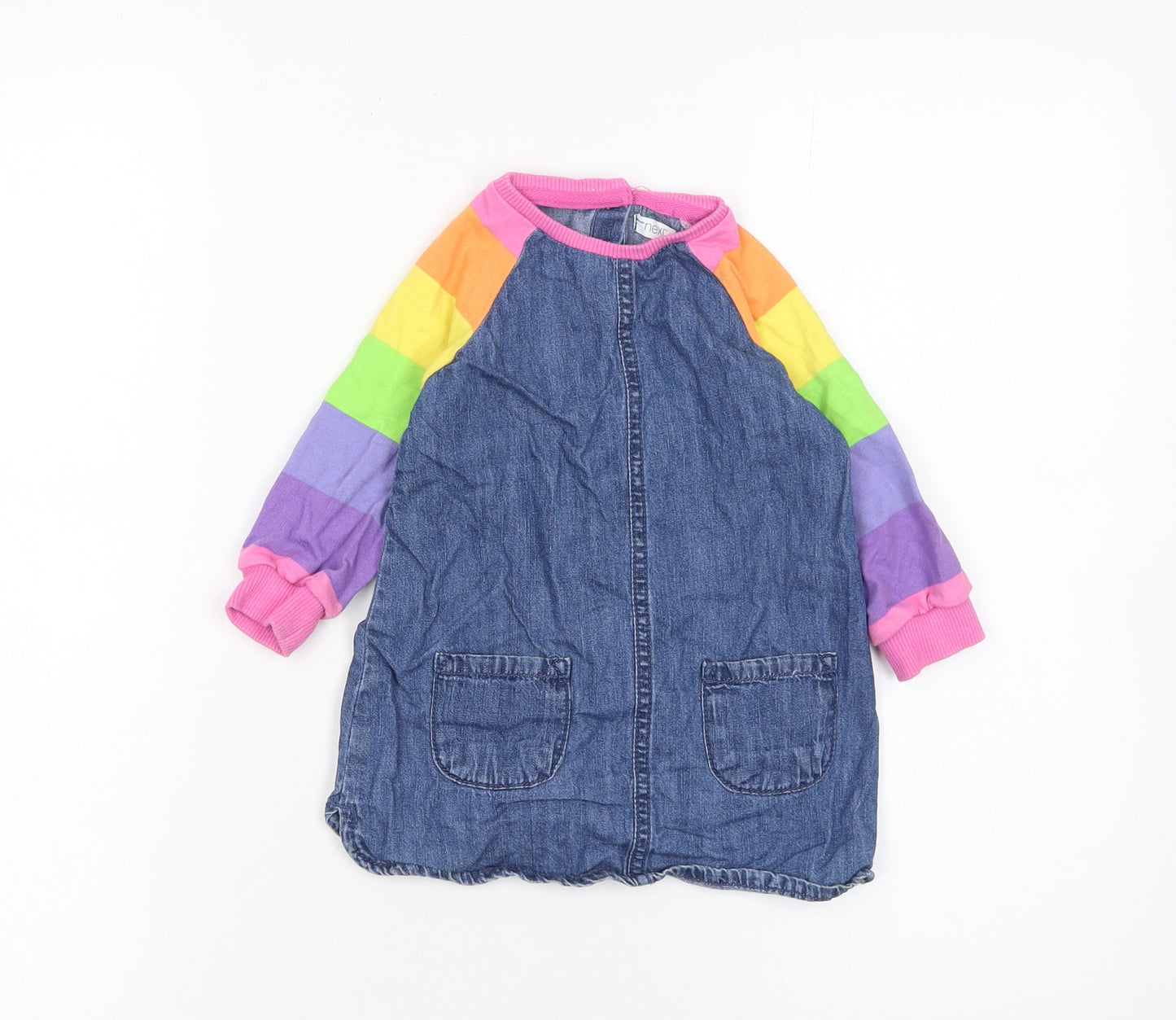 Next Girls Blue Denim Rainbow Raglan Long Sleeve Dress 12-18 Months
