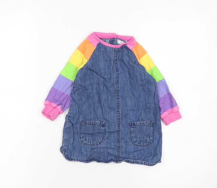 Next Girls Blue Denim Rainbow Raglan Long Sleeve Dress 12-18 Months