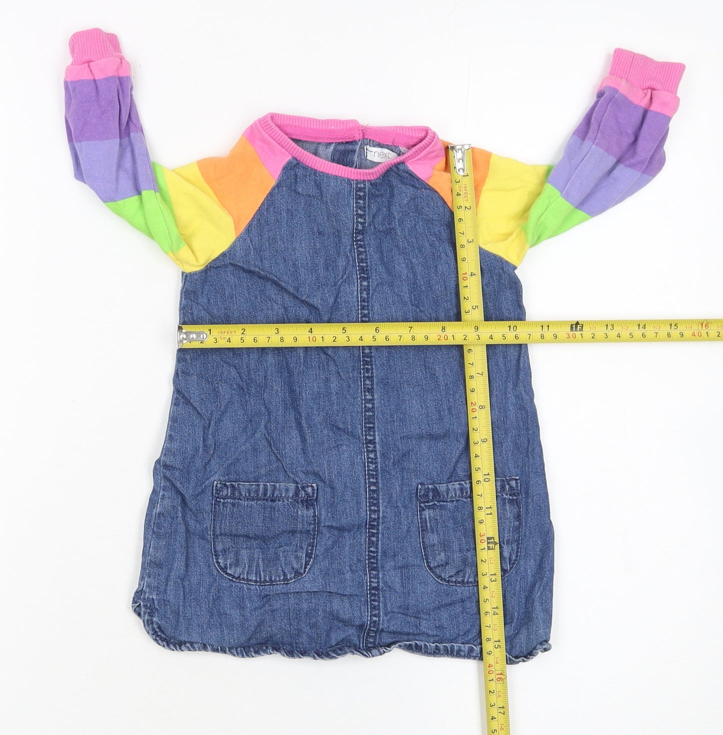 Next Girls Blue Denim Rainbow Raglan Long Sleeve Dress 12-18 Months