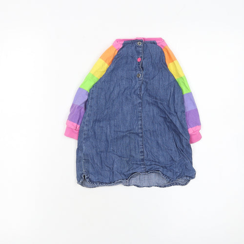 Next Girls Blue Denim Rainbow Raglan Long Sleeve Dress 12-18 Months