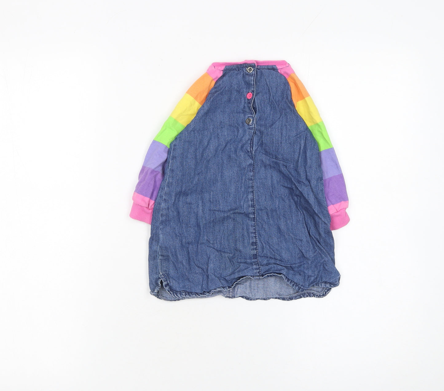 Next Girls Blue Denim Rainbow Raglan Long Sleeve Dress 12-18 Months