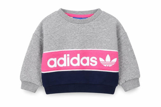 Front view of adidas unisex baby grey colourblock logo pullover sweatshirt 0-3 months