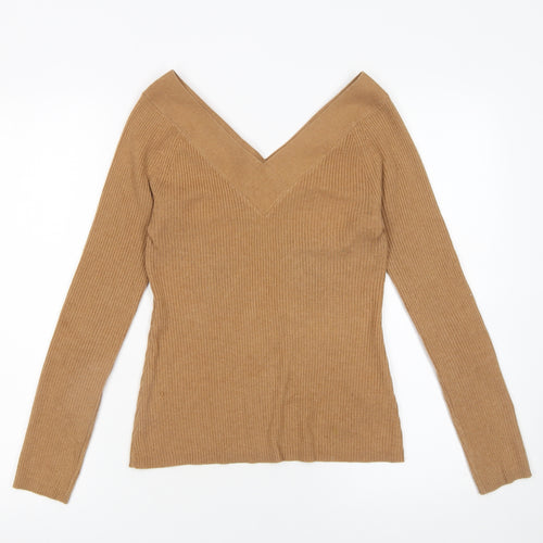 River Island Women’s Beige V-Neck Ribbed Knit Jumper Size 10