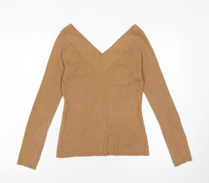 River Island Women’s Beige V-Neck Ribbed Knit Jumper Size 10