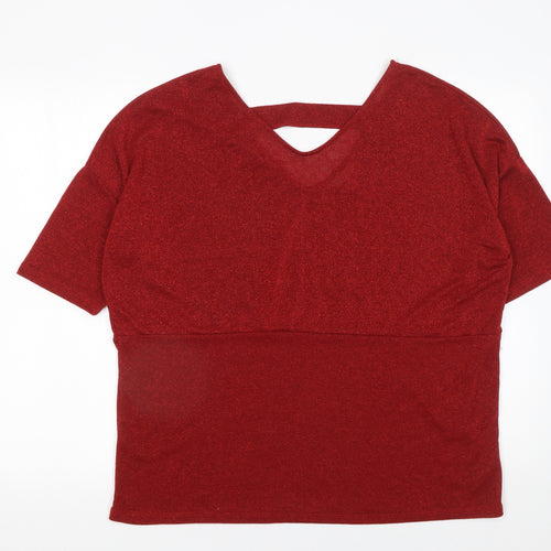 Anthology Women's Red Glitter V-Neck Short Sleeve Knit Top Size 16