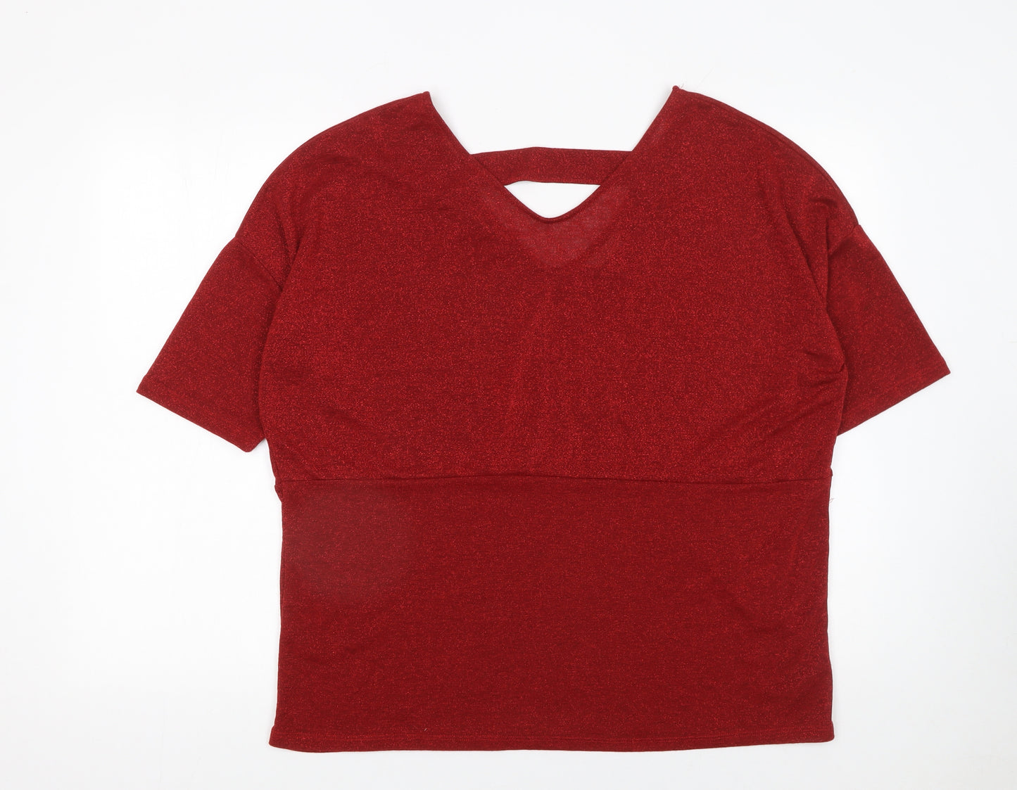 Anthology Women's Red Glitter V-Neck Short Sleeve Knit Top Size 16
