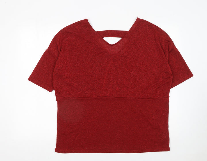 Anthology Women's Red Glitter V-Neck Short Sleeve Knit Top Size 16