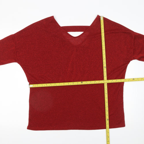 Anthology Women's Red Glitter V-Neck Short Sleeve Knit Top Size 16