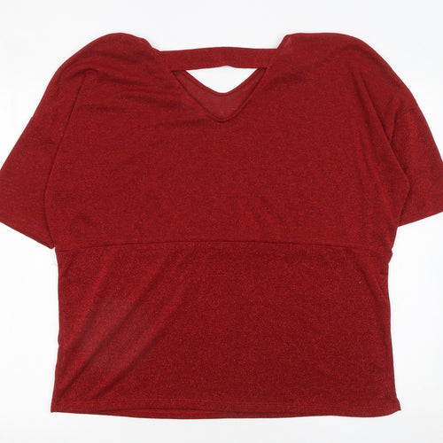 Anthology Women's Red Glitter V-Neck Short Sleeve Knit Top Size 16