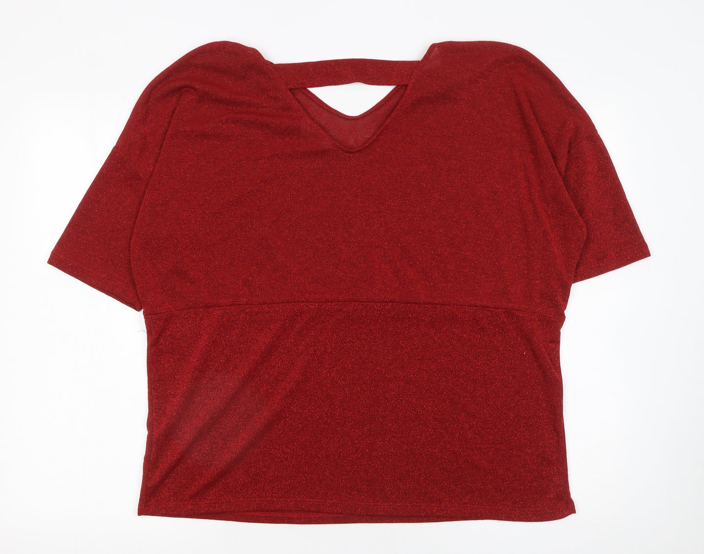 Anthology Women's Red Glitter V-Neck Short Sleeve Knit Top Size 16