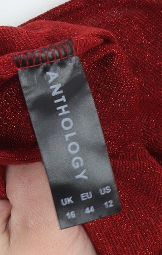 Anthology Women's Red Glitter V-Neck Short Sleeve Knit Top Size 16