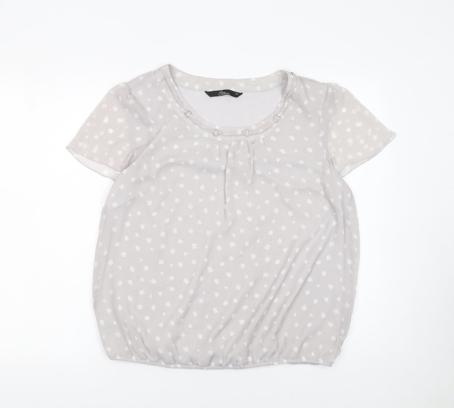 BM Collection Women’s Grey Polka Dot Short Sleeve Chiffon Blouse Size 14