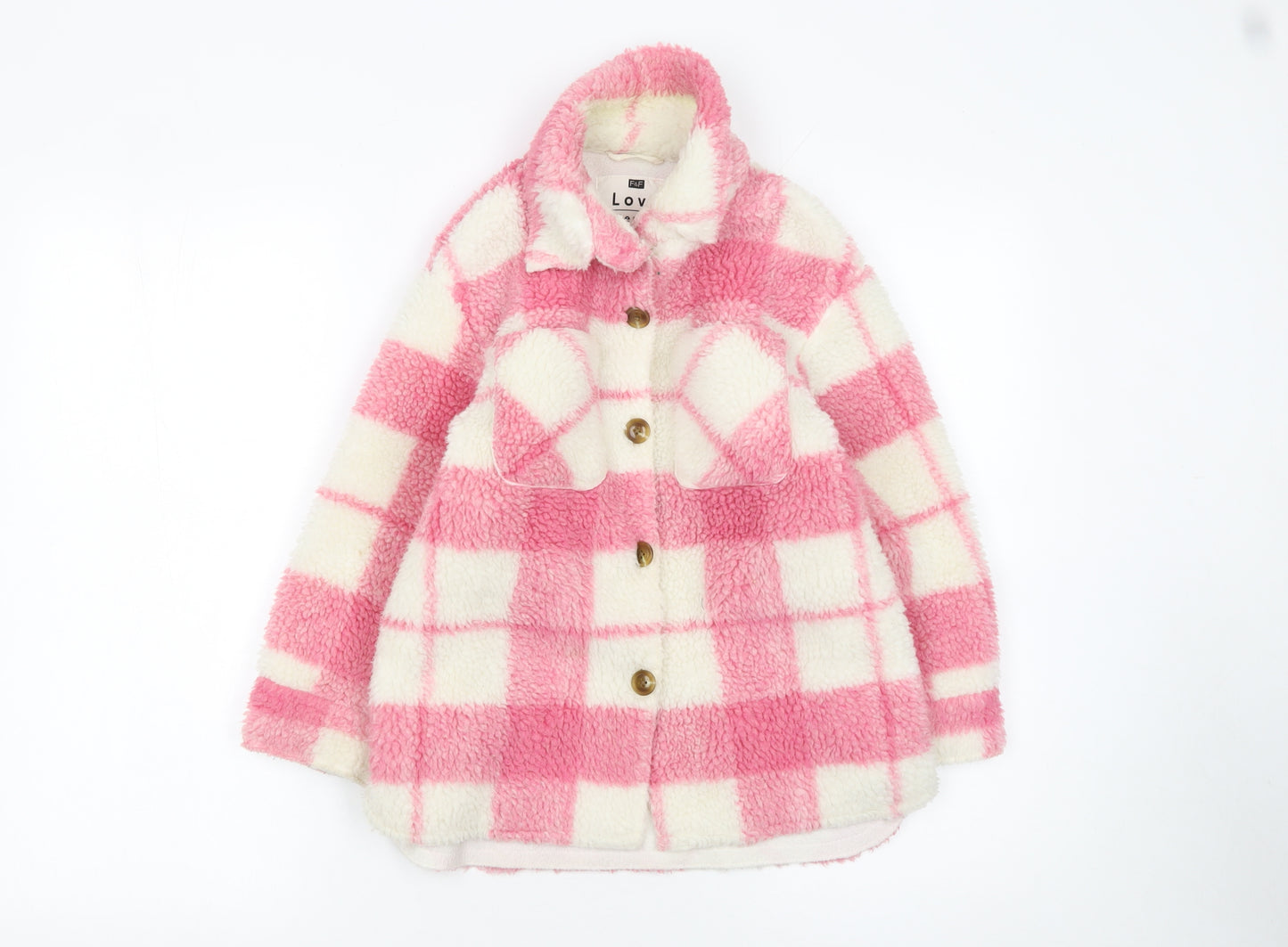 F&F Girls Pink Check Fleece Shirt Jacket 6-7 Years