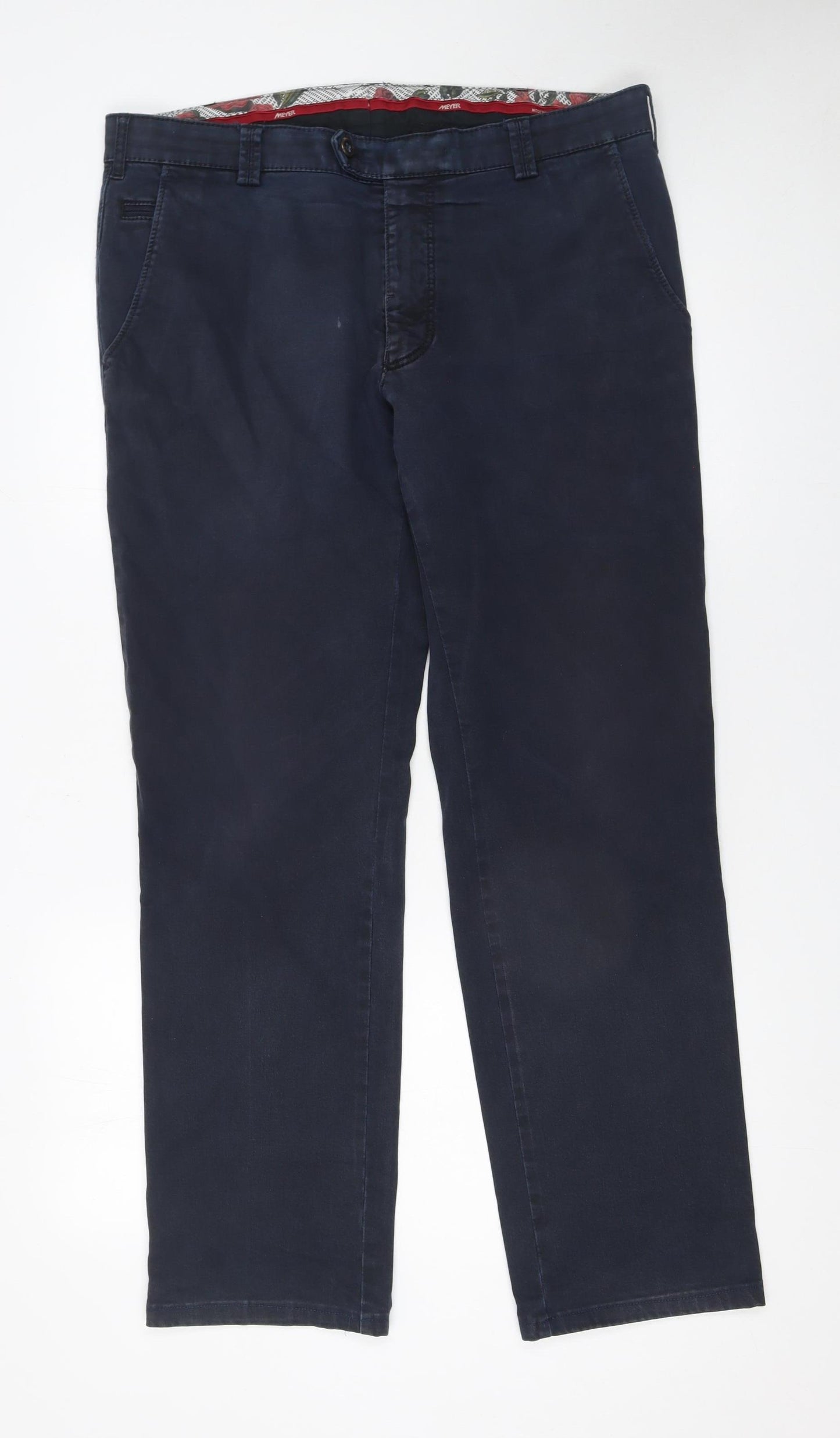 Meyer Men's Blue Chino Trousers 38/32 Regular Fit Cotton Stretch
