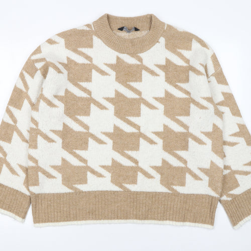 F&F Womens Beige Check Knit Pullover Jumper Size 16