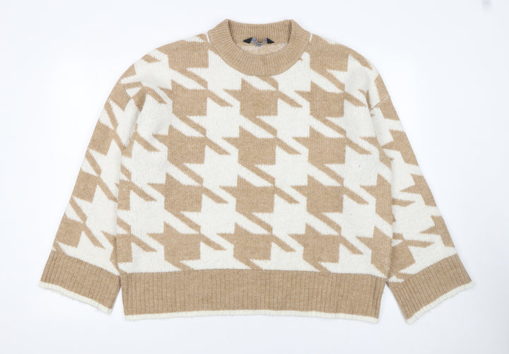 F&F Womens Beige Check Knit Pullover Jumper Size 16