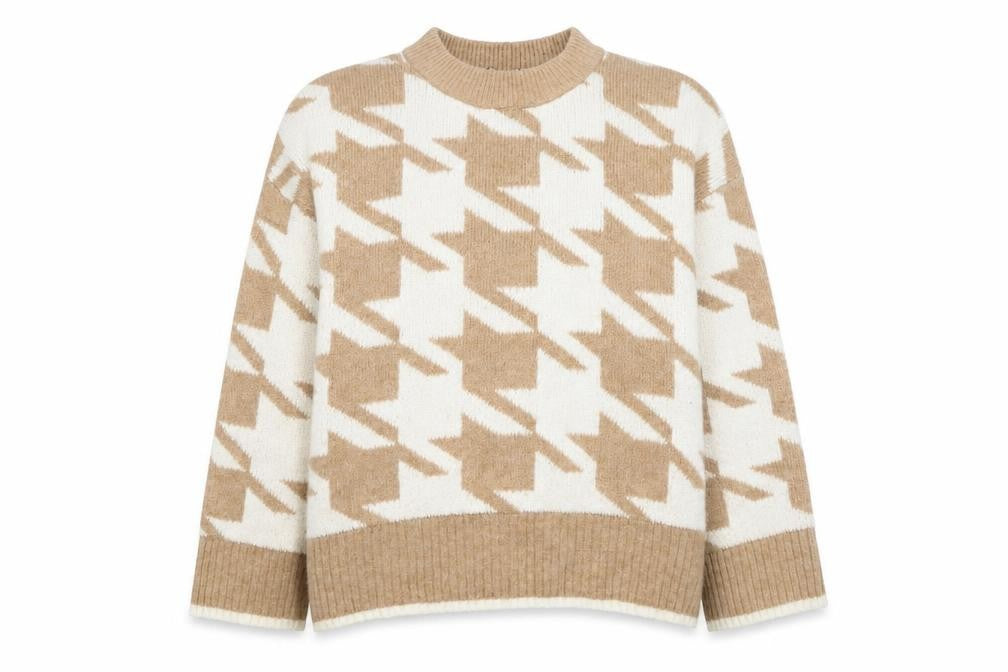 Front view of F&F women’s beige check knit jumper, size UK 16