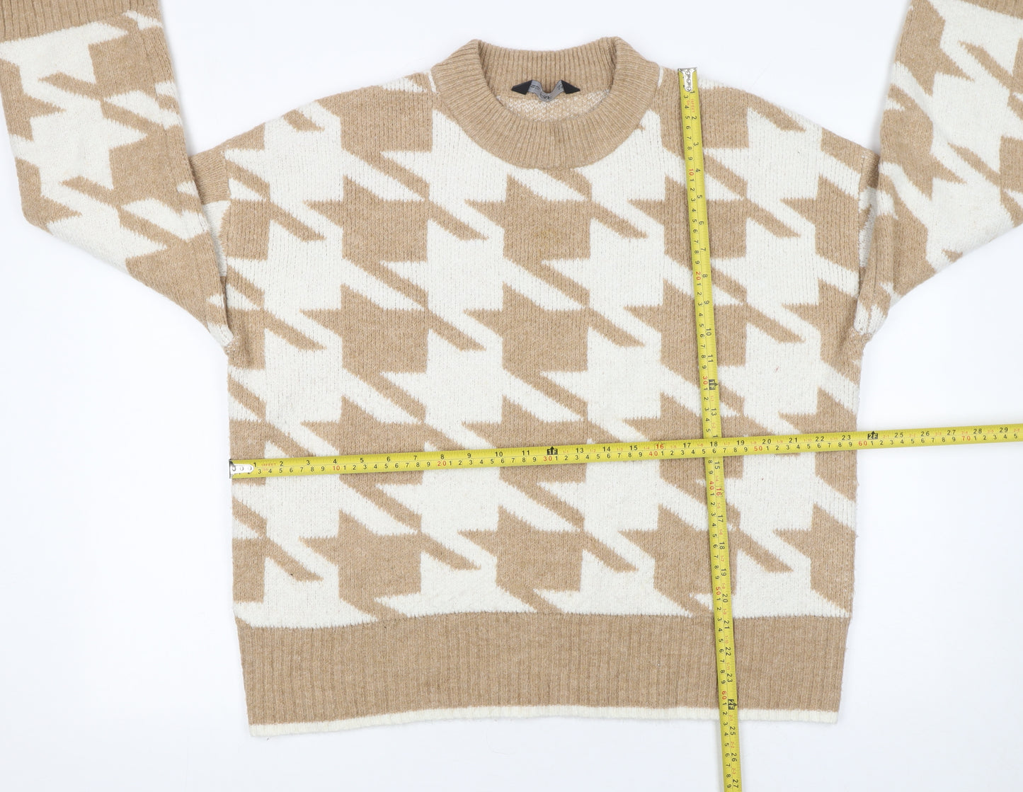 F&F Womens Beige Check Knit Pullover Jumper Size 16