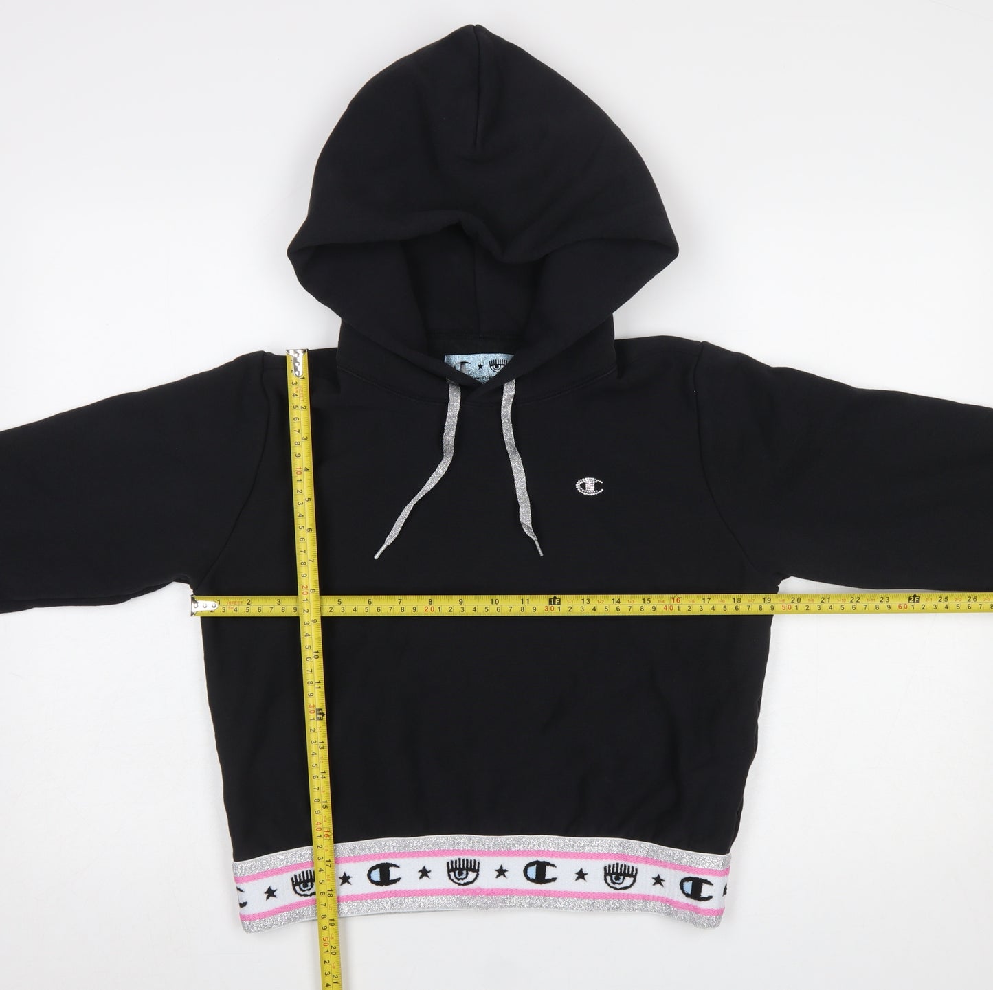Champion x Chiara Ferragni Black Hoodie Womens Medium Cropped Glitter Trim
