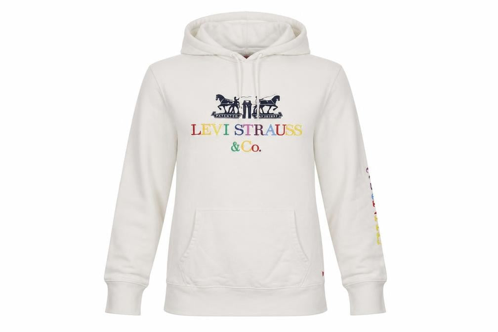 Front view of Levi's Women's White Hoodie Medium Cotton Rainbow Logo Pullover