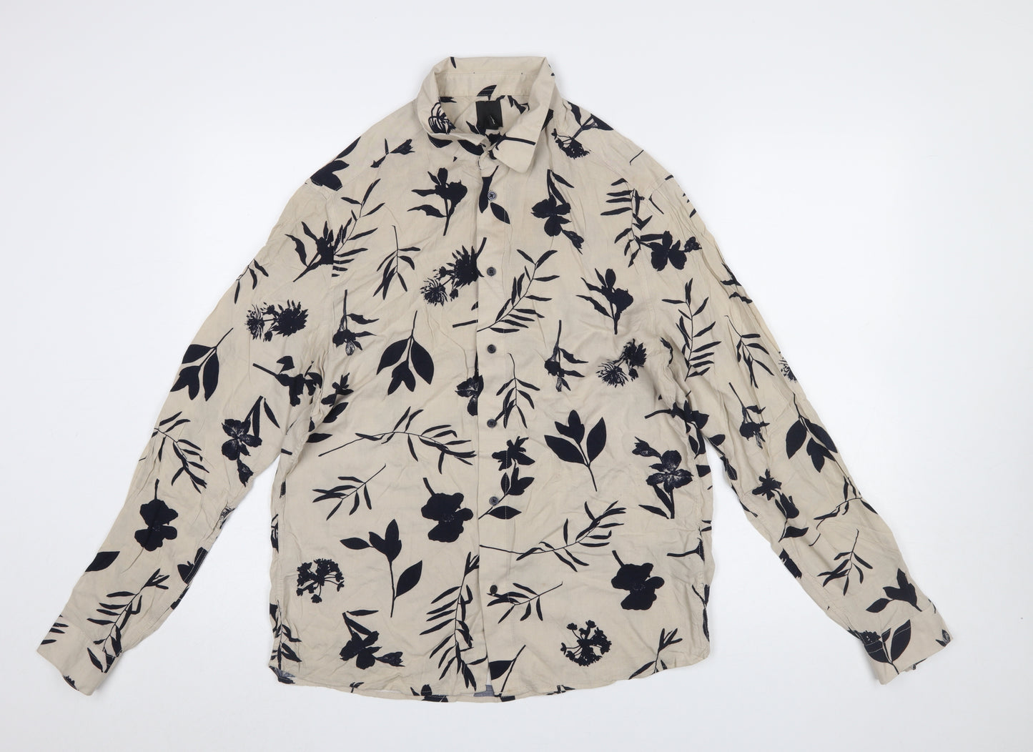 H&M Men’s Beige Floral Viscose Long Sleeve Button-Up Shirt M