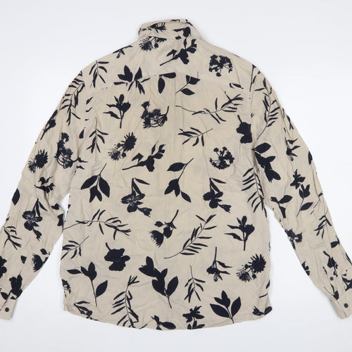 H&M Men’s Beige Floral Viscose Long Sleeve Button-Up Shirt M