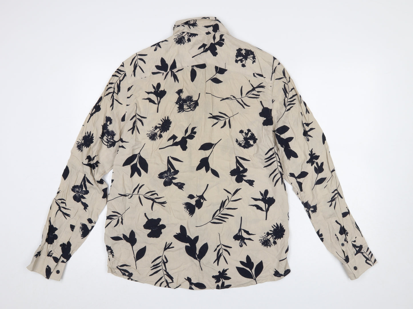 H&M Men’s Beige Floral Viscose Long Sleeve Button-Up Shirt M
