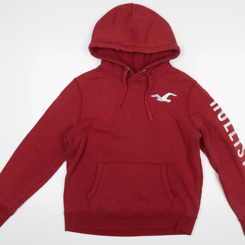 Hollister Women Red Pullover Hoodie Small Cotton Blend Logo Print