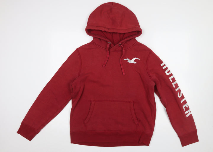 Hollister Women Red Pullover Hoodie Small Cotton Blend Logo Print