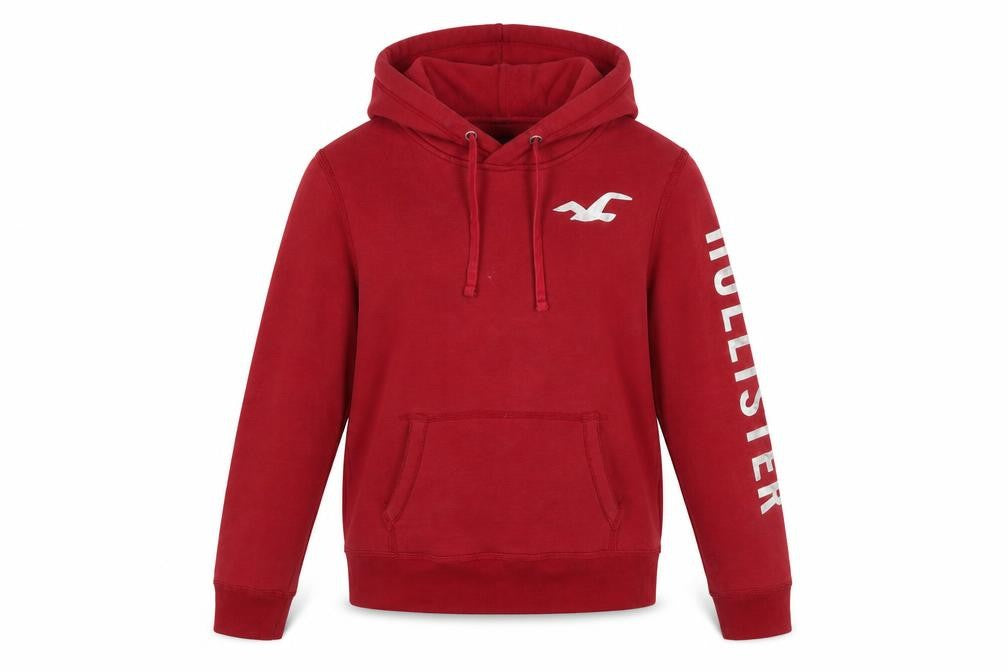 Hollister Women Red Pullover Hoodie Small Cotton Blend Logo Print