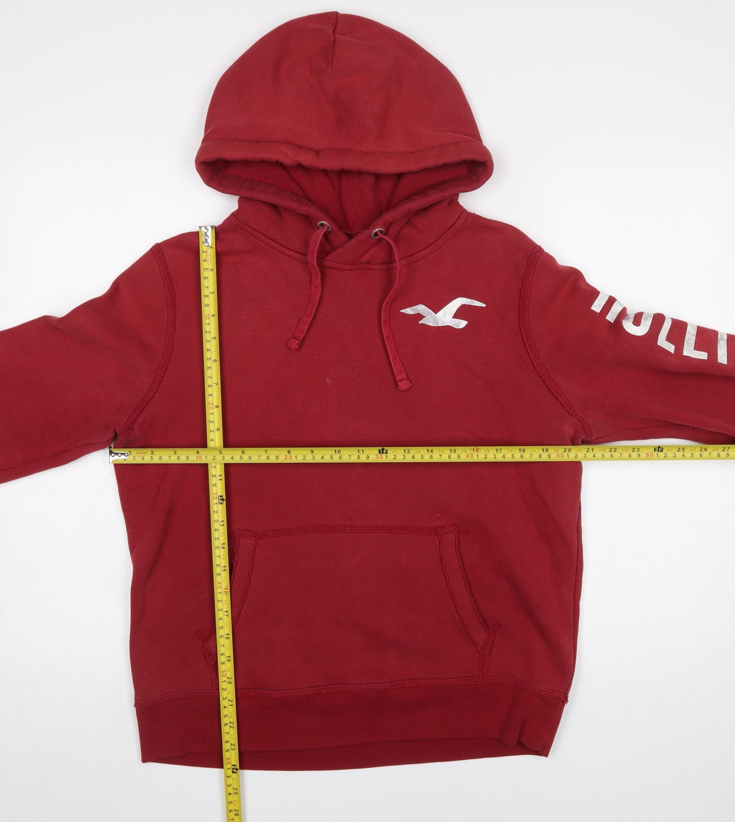 Hollister Women Red Pullover Hoodie Small Cotton Blend Logo Print