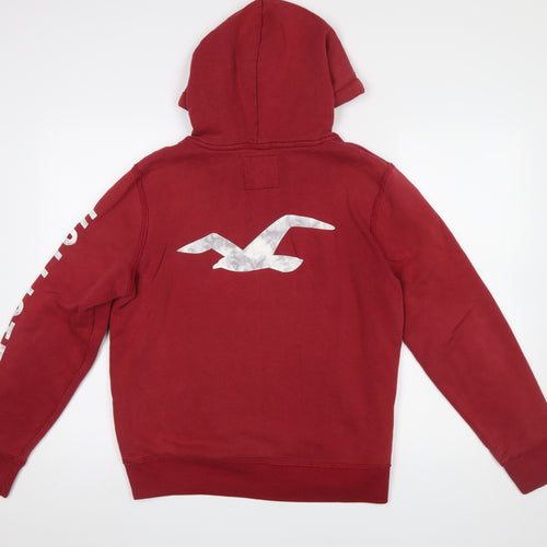 Hollister Women Red Pullover Hoodie Small Cotton Blend Logo Print