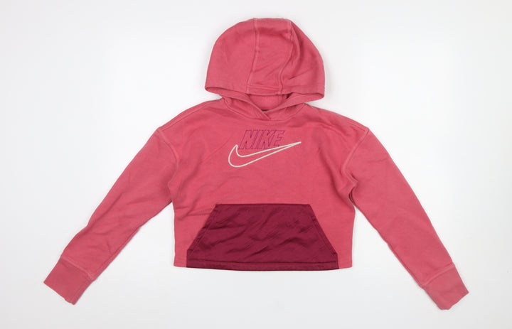 Nike Girls Pink Pullover Hoodie Size 146 Cotton Fleece Logo Graphic