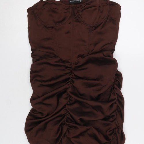 PrettyLittleThing Women’s Brown Ruched Satin Bodycon Mini Dress UK 10