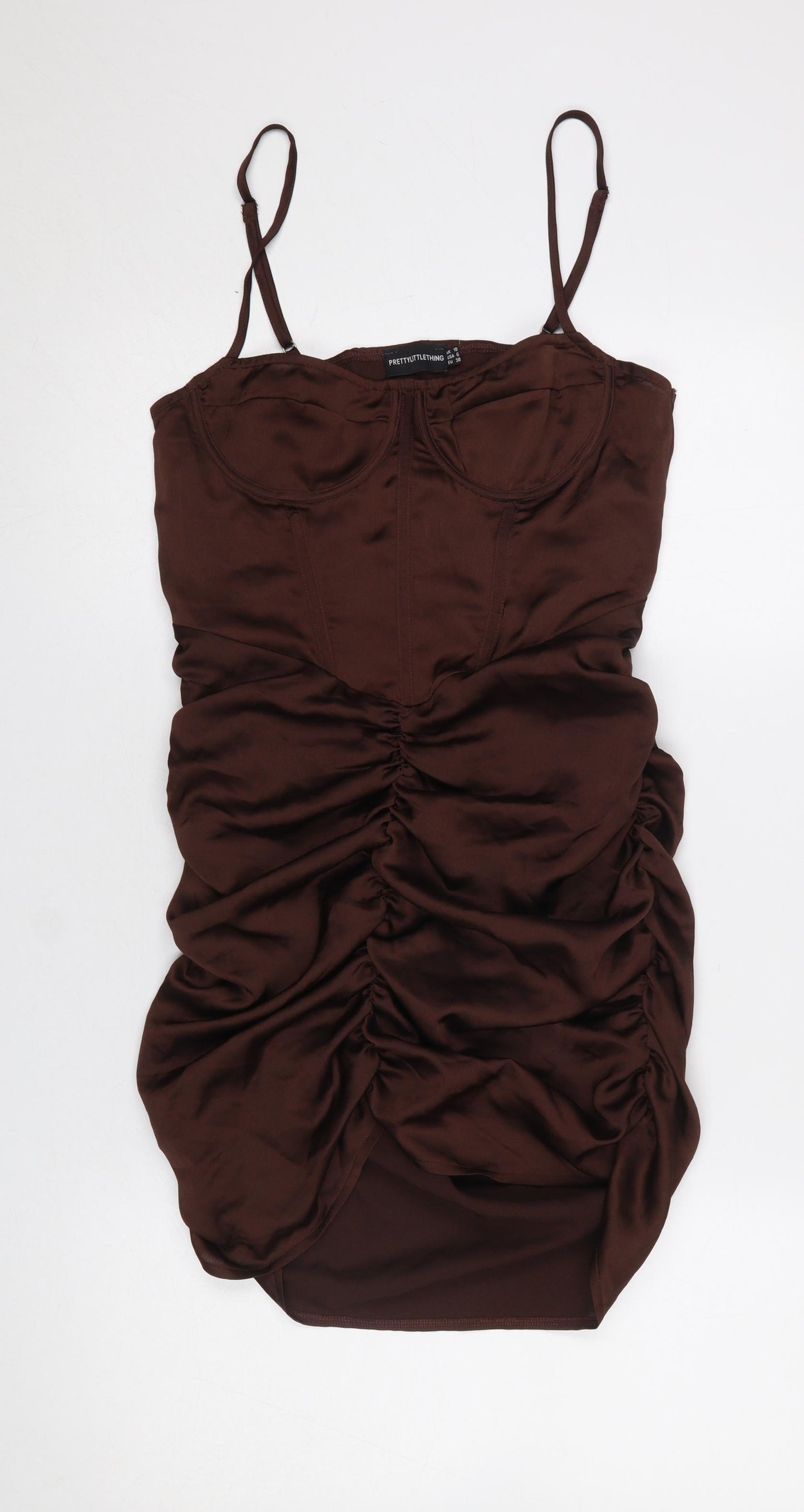 PrettyLittleThing Women’s Brown Ruched Satin Bodycon Mini Dress UK 10