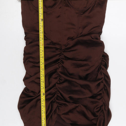 PrettyLittleThing Women’s Brown Ruched Satin Bodycon Mini Dress UK 10