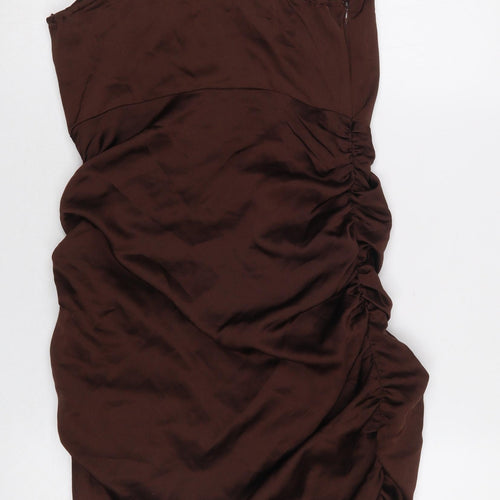 PrettyLittleThing Women’s Brown Ruched Satin Bodycon Mini Dress UK 10