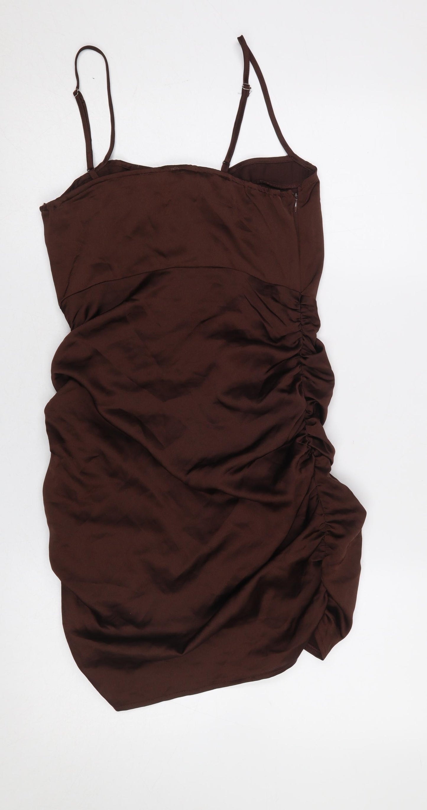 PrettyLittleThing Women’s Brown Ruched Satin Bodycon Mini Dress UK 10