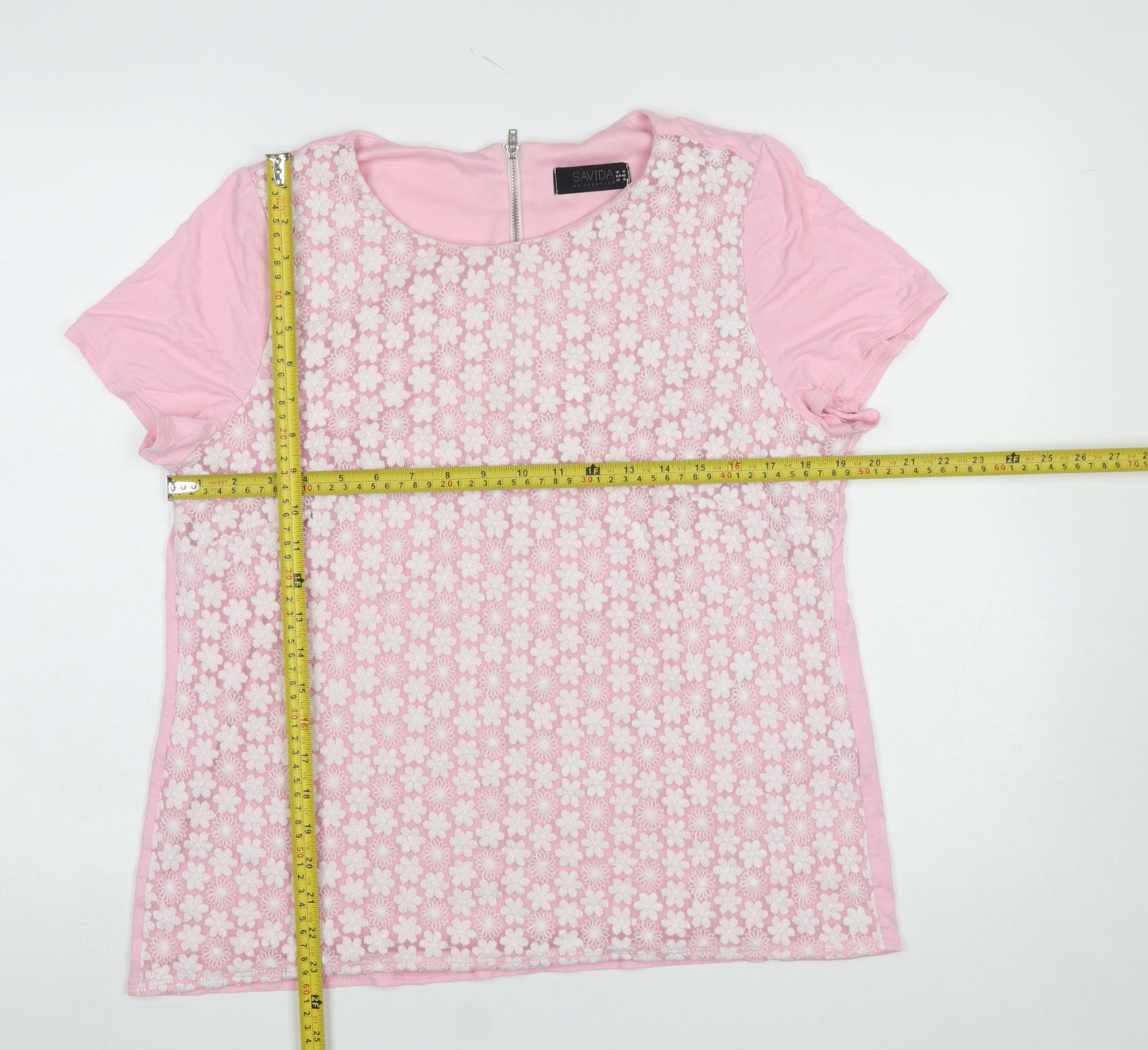 Savida Women Pink Floral Lace Short Sleeve T-Shirt Size 18
