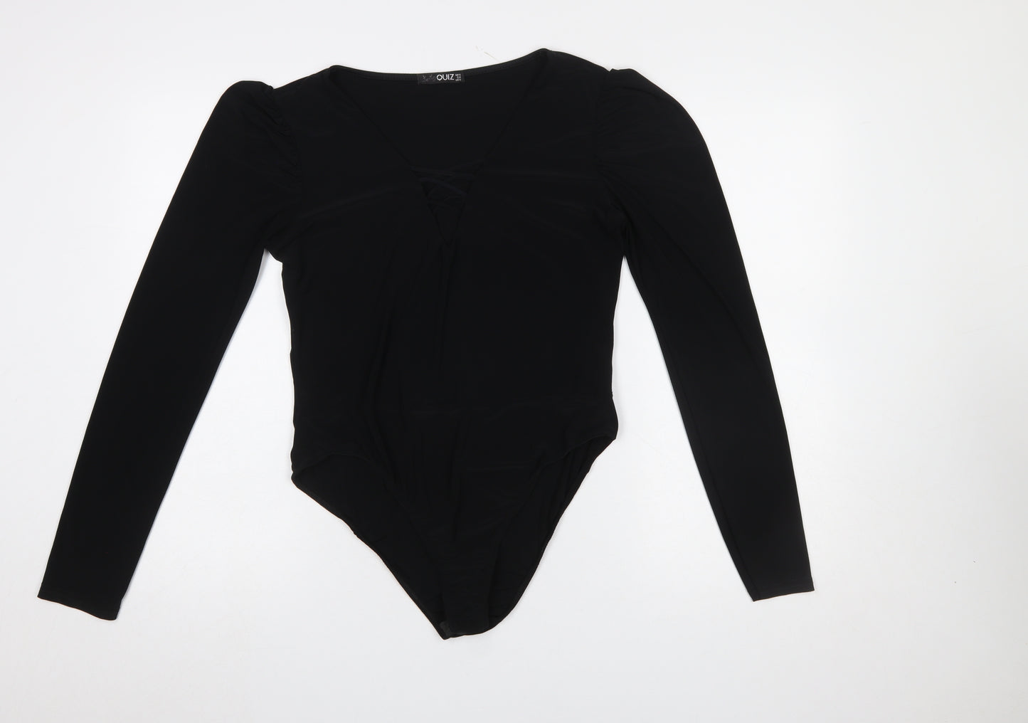 Quiz Women Black Long Sleeve Bodysuit Size 16 V-Neck Stretch Outfit