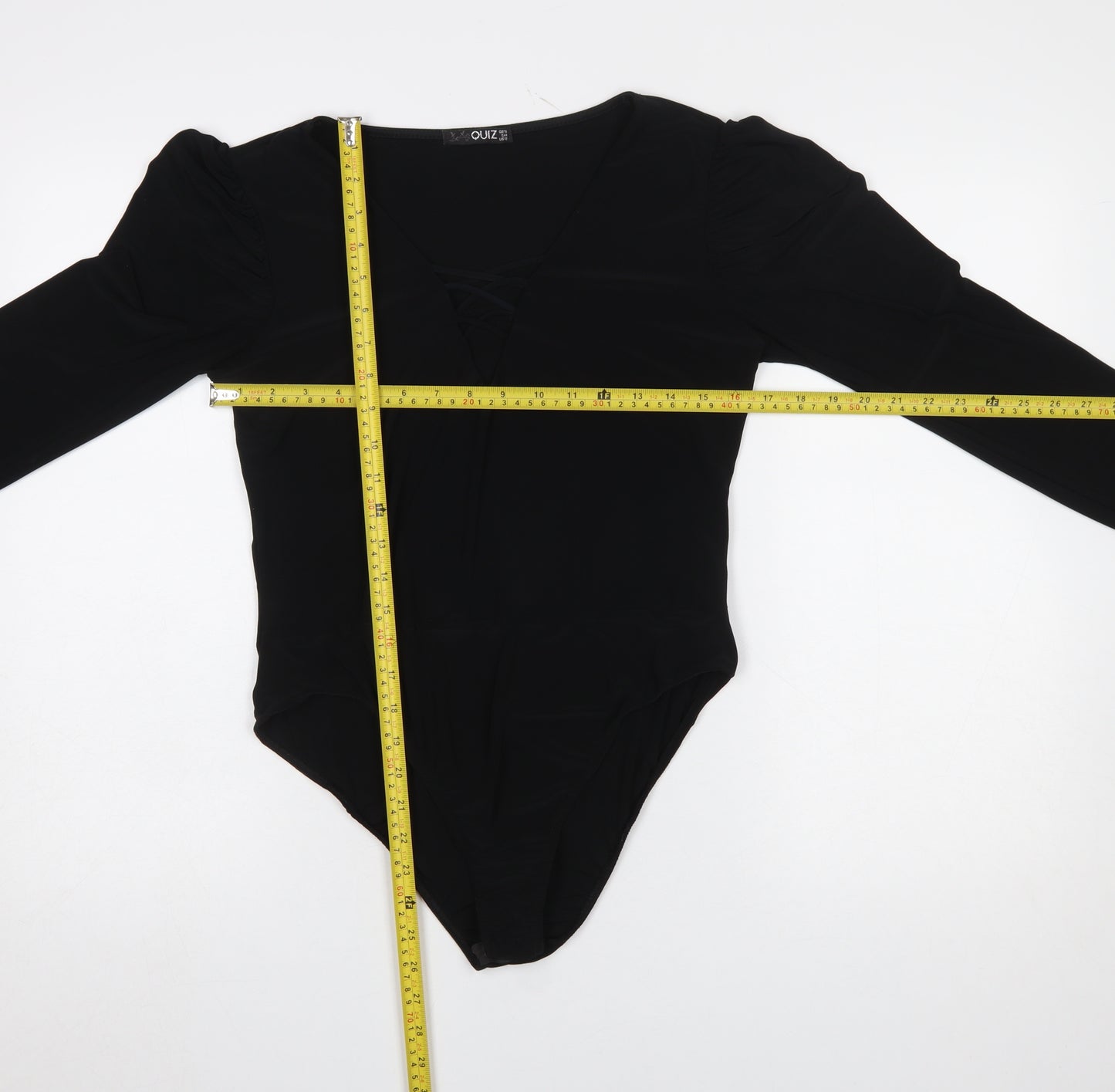 Quiz Women Black Long Sleeve Bodysuit Size 16 V-Neck Stretch Outfit