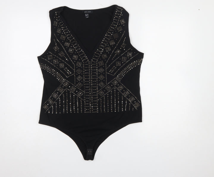 New Look Women Black Studded V-Neck Bodysuit Size 18