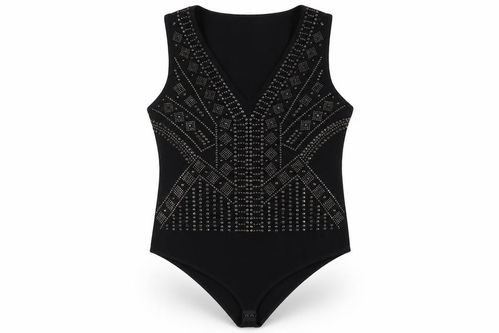 Front view of New Look Women Black Studded V-Neck Bodysuit, size 18