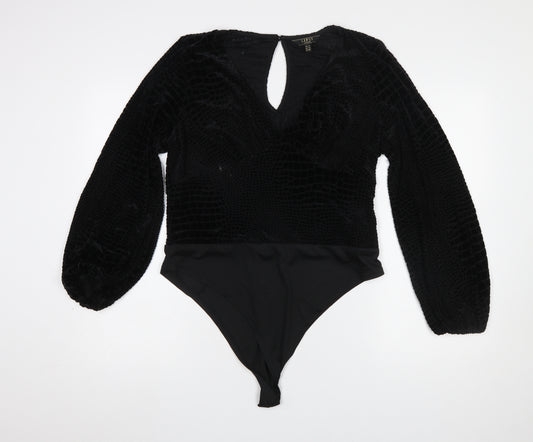 Lipsy Women Black Velvet Textured Long Sleeve Bodysuit UK 18