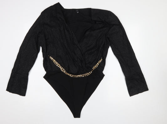 River Island Women Black Bodysuit UK 18 Long Sleeve Chain Detail