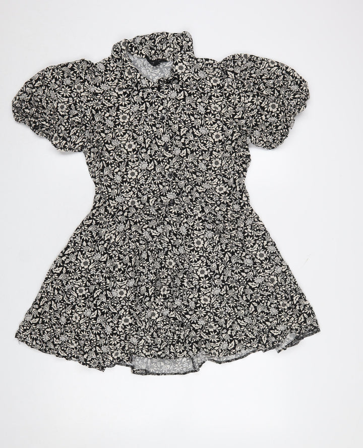 New Look Women’s Black Floral A-Line Puff Sleeve Dress Size 12
