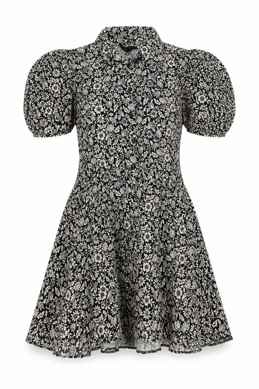 Front view of New Look Women’s Black Floral A-Line Puff Sleeve Dress, size UK 12