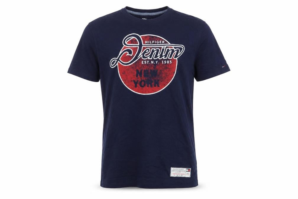 Front view of Tommy Hilfiger Denim Men's Blue Graphic T-Shirt, size M